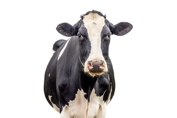 Wall Mural - Cow isolated on white, black and white front view looking, pink nose medium shot