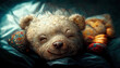  happy smiling  colorful teddy bear sleeping in bed generative ai    
