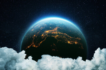 Wall Mural - amazing beautiful blue planet earth in the night starry sky with clouds. deep space with a planet, c