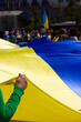 © vita - A crowd of patriots at rally in support of Ukrainians in Russia's war. People are holding a huge yellow blue Ukrainian flag, a symbol of Ukraine's independence. Save Ukraine in conflict Vertical photo