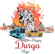 easy to edit vector illustration of Happy Durga Puja India festival holiday background Kolkata 