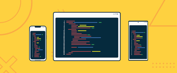  Yellow background with 3 screens of programming. Vector 