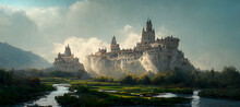 Matte Painting Of A Fantasy Castle Next To A River Digital Art Illustration Painting Hyper Realistic