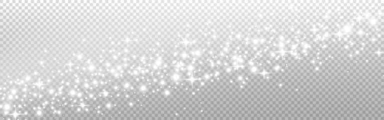 Poster - Silver glitter wide texture. Glowing trail with particles. White stars with silver shine. Luxury stardust wave. Starry background. Magic white decoration. Vector illustration