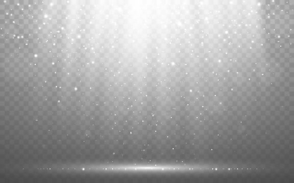 Fototapete - Glitter and spotlights. Glowing stage with shining particles. Falling silver stars and bokeh. Magic glittering effect. Light beams and dust. Award ceremony template. Vector illustration