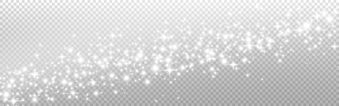 Fototapete - Silver glitter wide texture. Glowing trail with particles. White stars with silver shine. Luxury stardust wave. Starry background. Magic white decoration. Vector illustration