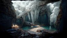 A Cave Among The Rocks With A Body Of Water. 3D Illustration.