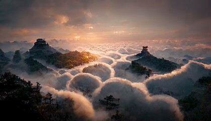 Canvas Print - The tops of the mountains peek out from behind the dense fog. 3D rendering