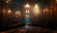 Beautiful Mansion Interior With Calm Lights, Steampunk Machinery On The Walls, Style Painting