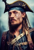 Portrait of a brave pirate on the background of the sea. A pirate in traditional pirate clothing. 3D render.
