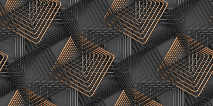Wall Mural -  - 3d illustration. Seamless geometric wallpaper made of metallic black and gold rectangles randomly arranged on a gray background. High quality seamless realistic texture.	