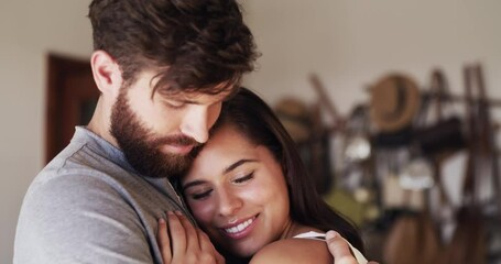 Poster - Portrait of happy, safe and calm couple giving hug in living room together in house, love in marriage and happiness on a date on the weekend. Peaceful, intimate and security man and woman with smile