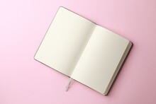 Blank Notebook On Pale Pink Background, Top View