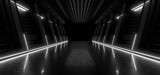 Fototapeta Do przedpokoju - A dark tunnel lit by white neon lights. Reflections on the floor and walls. 3d rendering image.