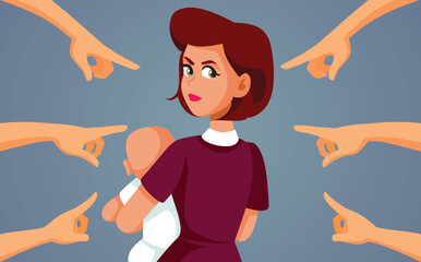 People Mom Shaming Woman with Baby in her Arms Vector Illustration. New mother upset about being finger pointed by society 
                    
