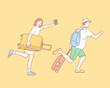 side view of happy couple running with travel bags isolated on yellow. Hand drawn style vector design illustrations