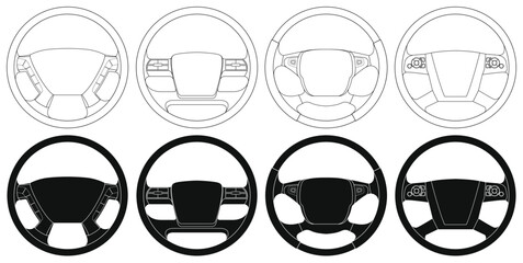 Layered editable vector illustration collection outline of truck steering wheels.