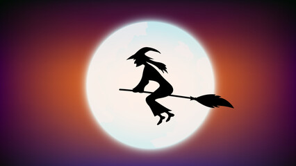 Wall Mural - Witch flying on a broomstick on full moon background. Happy Halloween concept, Vector illustration