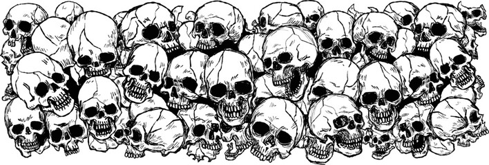 Wall Mural - 
A pile of skulls human skulls with many shaped background tattoo hand drawing vectors art lines