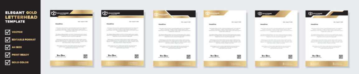 set of modern letterhead template for stationery design all business company. vector format editable  A4. golden color download.