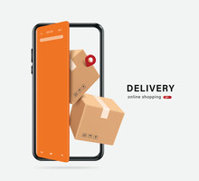 Parcel Boxes Are Piled Up In Front Of Smartphone Screen That Resembles An Opening Door To Convey Delivery Of Goods To Customers To Front Of The House With Online Shopping Platform,vector 3d Isolated