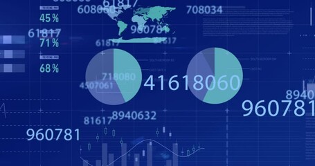 Animation of digital interface with numbers changing, financial data processing and statistics