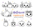 cute Halloween Jack o lantern pumpkin kawaii face set cartoon outline doodle set vector for colouring book