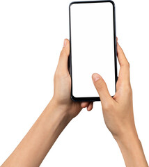 Hand holding smartphone isolated on background. PNG format file.