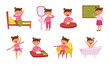 Children's daily routine vector set. Illustrations of a cute cheerful girl wakes up and performs routine daily activities. Scheduler. Brushing teeth, studying at school, ballet class, homework, rest