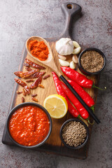 Wall Mural - Traditional sauce with hot chili pepper paste harissa in bowl on wooden board with ingredients closeup. Vertical top view from above