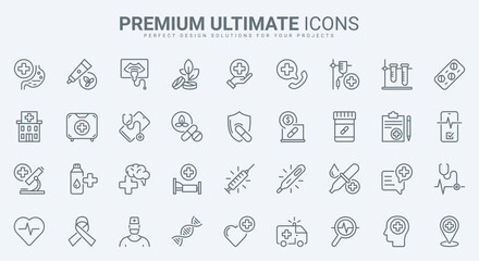 Medical care thin line icons set vector illustration. Outline medicine symbols, hospital and laboratory equipment and pills prescription for pharmacy, emergency help, diagnosis and treatment by doctor