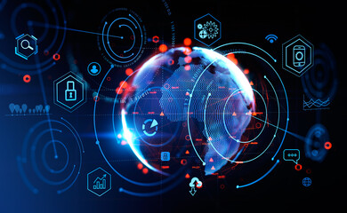 Earth sphere and digital hud with icons, big data and global connection
