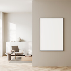 Front view on bright living room interior with empty poster