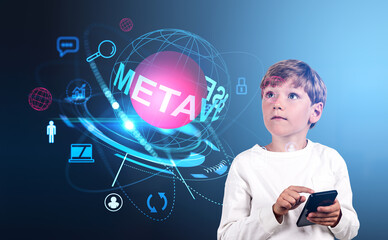 kid boy with phone, metaverse digital globe with social media and web icons