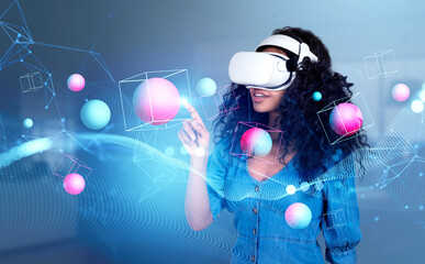 african woman in vr glasses, working with data blocks in metaverse