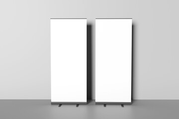 blank white roll-up banner display mockup, isolated, 3d rendering for presentation your design.