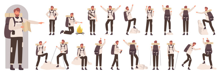 male tourist character in side, front and back view set vector illustration. cartoon man holding map