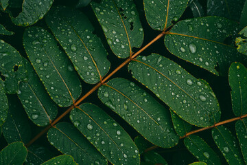 tropical foliage with water drops, dark green nature background