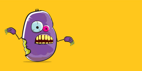 vector funny cartoon spooky violet zombie potato character isolated on orange background. Zombie potato vector concept halloween background and label. Dead monster vegetable funky character