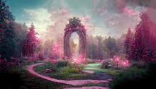 Elegant Portal In Floral Arch In Pink Fairy Tale Forest