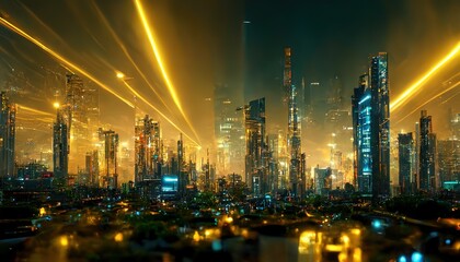 Aufkleber - Skyscrapers in city downtown illuminated by yellow neon