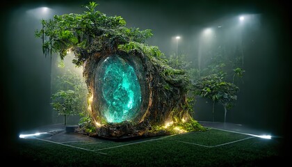 Wall Mural - Flaring magical portal in old stub model on dark background