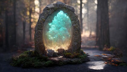 Wall Mural - mystery portal in old stone arch in misty autumn wood