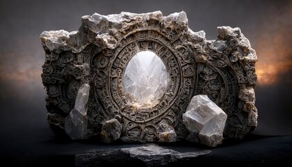 Wall Mural - element of stone stella with ancient portal against mist
