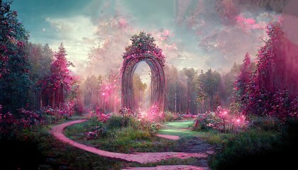 Wall Mural - elegant portal in floral arch in pink fairy tale forest
