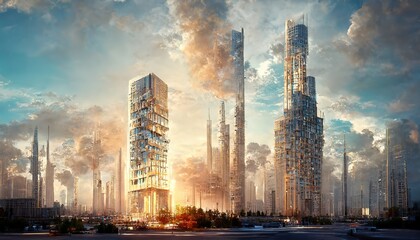 Aufkleber - Futuristic highrise building in large city under cloudy sky