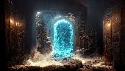 water flowing through open ancient portal in hidden temple