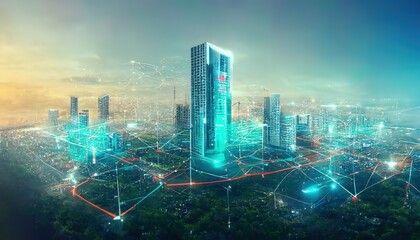 Aufkleber - Futuristic town with skyscrapers and park under network