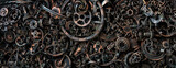 metal scrap rusty industrial part detail for melt and reused for recycling background steampunk ultra wide panorama