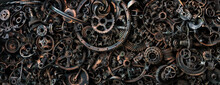 Metal Scrap Rusty Industrial Part Detail For Melt And Reused For Recycling Background Steampunk Ultra Wide Panorama